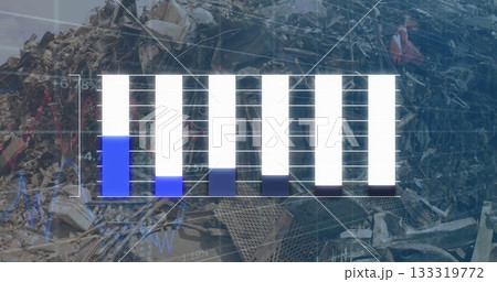 Displaying bar chart overlay showing data trends in scrapyard, with scrap metal and line graph Displaying bar chart overlay showing data trends in scrapyard, with scrap metal and line graph 133319772