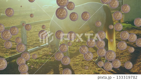 Grazing white horse munching on grass in paddock fenced with rails, with floating two-cent coins Grazing white horse munching on grass in paddock fenced with rails, with floating two-cent coins 133319782