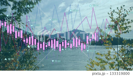 Overlaying peak rising over lakeshore with pink candlesticks magenta blue lines teal data markers Overlaying peak rising over lakeshore with pink candlesticks magenta blue lines teal data markers 133319800