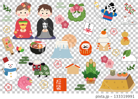 New Year's lucky charms and children in kimono icon illustration set 133319991