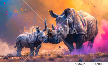 戯れるサイの親子 133320068