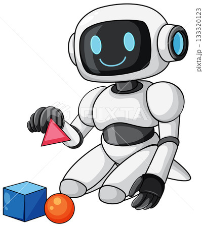 Friendly Robot Sorting Geometric Shapes on White Background 133320123