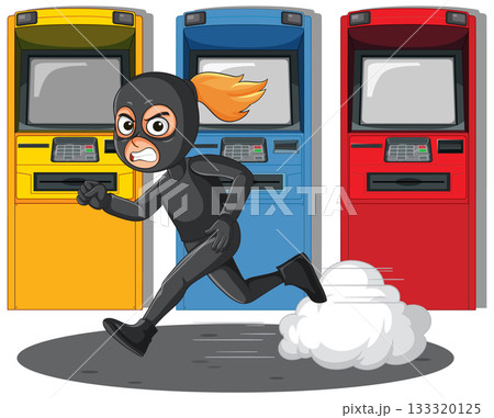 Masked Thief Running from Colorful ATM Machines 133320125