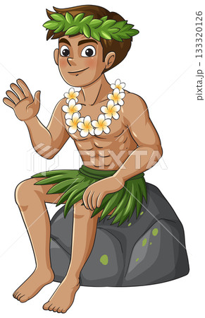 Hawaiian Man in Grass Skirt Sitting on Rock Waving 133320126