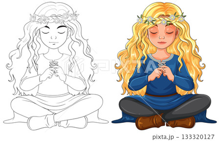 Blonde Girl Meditating with Flower Crown in Blue Dress 133320127