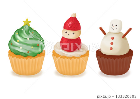 クリスマスツリーとサンタと雪だるまのカップケーキ 133320505