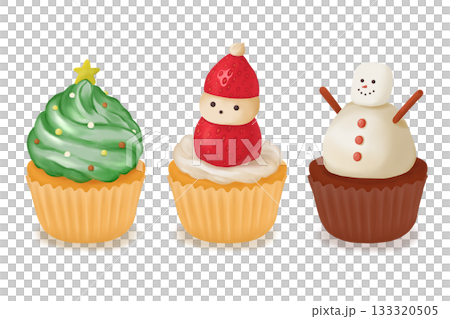 クリスマスツリーとサンタと雪だるまのカップケーキ 133320505