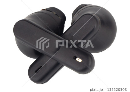Black Bluetooth phone earphone with charging camera on white background Black Bluetooth phone earphone with charging camera on white background 133320508