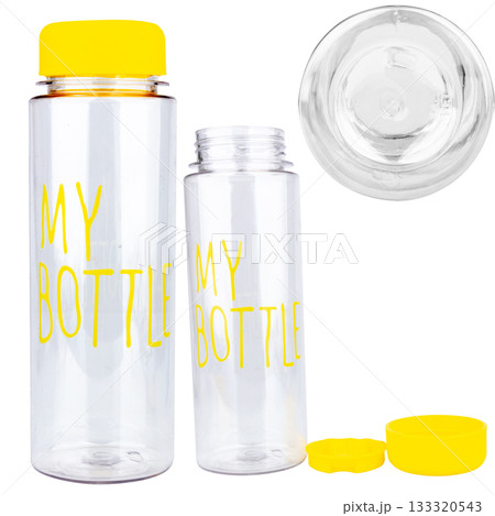Plastic water bottle with openable cap on white background with lettering Plastic water bottle with openable cap on white background with lettering 133320543