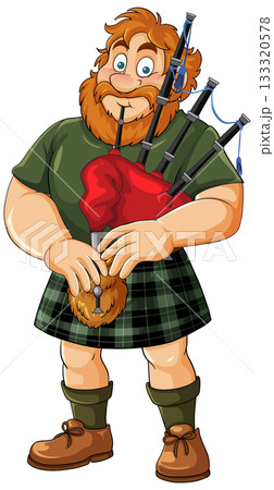 Cartoon Scottish Man Playing Bagpipes in Tartan Kilt 133320578