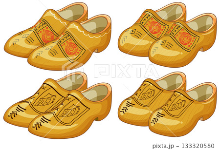 Traditional Wooden Clogs with Decorative Patterns Illustration 133320580