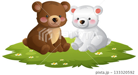 Brown and White Bear Cubs Sitting on Grass Patch 133320592