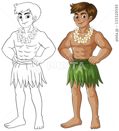 Hawaiian Man in Grass Skirt and Flower Lei Illustration 133320593