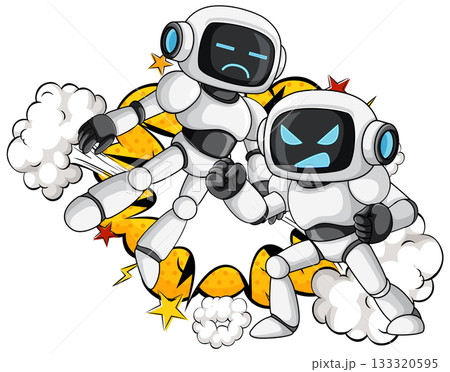 Two Cartoon Robots Fighting with Comic Explosion Background Two Cartoon Robots Fighting with Comic Explosion Background 133320595