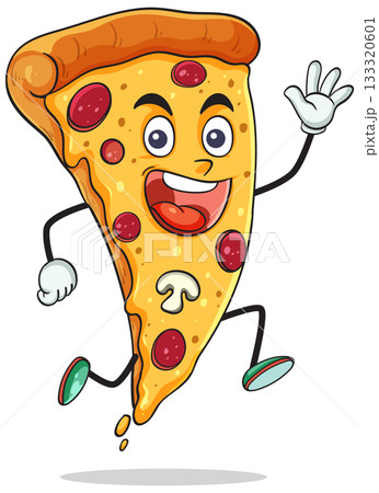 Happy Cartoon Pizza Slice Jumping with Cheerful Expression 133320601