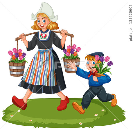 Dutch Children Carrying Tulips in Traditional Clothing Illustration 133320602