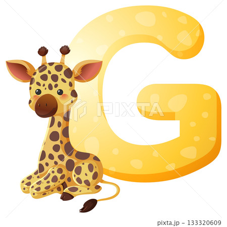 Cute Baby Giraffe Sitting Beside Large Letter G 133320609