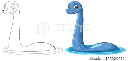 Cartoon Loch Ness Monster Swimming in Blue Water 133320612