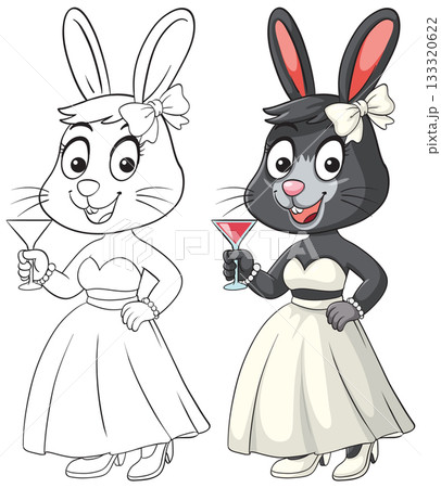 Elegant Cartoon Bunny in Evening Dress Holding Cocktail Elegant Cartoon Bunny in Evening Dress Holding Cocktail 133320622