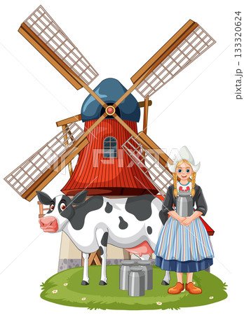 Dutch Girl with Cow and Traditional Windmill Illustration Dutch Girl with Cow and Traditional Windmill Illustration 133320624