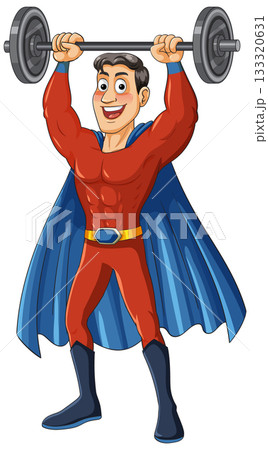 Cartoon Superhero Lifting Barbell Overhead in Red Suit 133320631