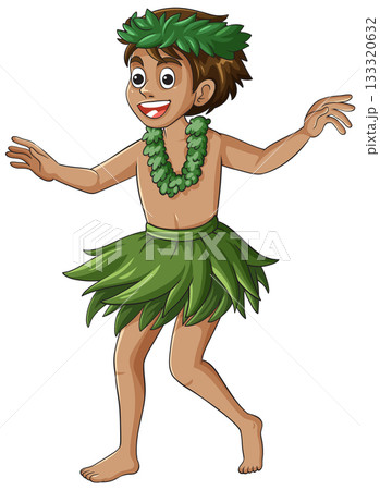 Smiling Boy Dancing in Traditional Hawaiian Grass Skirt Smiling Boy Dancing in Traditional Hawaiian Grass Skirt 133320632