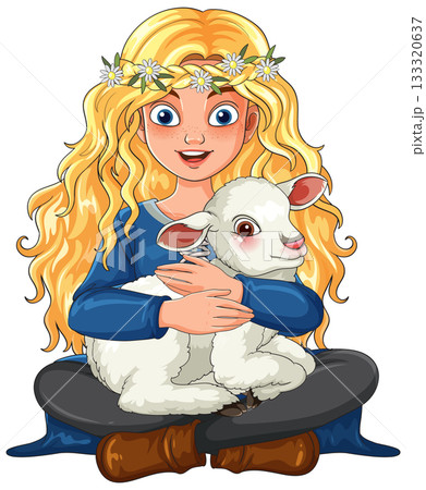 Blonde Girl Sitting Cross-Legged Hugging White Lamb 133320637