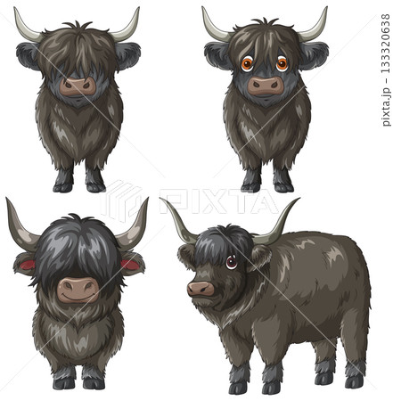 Cartoon Highland Cattle Set in Various Poses Cartoon Highland Cattle Set in Various Poses 133320638