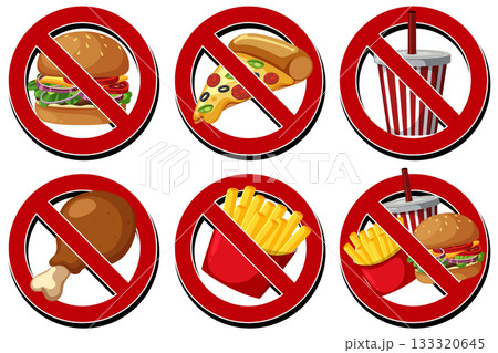 No Fast Food Symbol Vector Set with Red Prohibition Signs 133320645