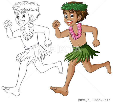 Hawaiian Boy Running in Traditional Grass Skirt and Lei Hawaiian Boy Running in Traditional Grass Skirt and Lei 133320647