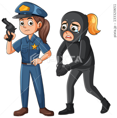 Female Police Officer Arresting Crying Female Robber in Handcuffs 133320651