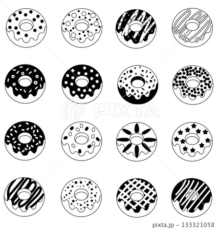 This is a versatile collection of black and white line-art donut icons, featuring sixteen different frosting and topping designs. The simple, minimal vector graphics are perfect for food illustrations 133321058