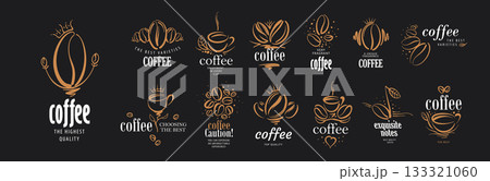 A set of vector logos of natural coffee beans, hand-drawn 133321060