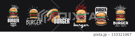 Hand drawn set of vector burger logos on black background Hand drawn set of vector burger logos on black background 133321067