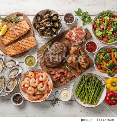 Assorted Grilled Meat, Seafood, and Fresh Vegetables. Healthy Gourmet Food on Rustic Wooden Table Assorted Grilled Meat, Seafood, and Fresh Vegetables. Healthy Gourmet Food on Rustic Wooden Table 133321086