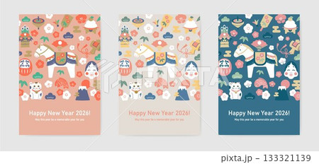 馬の干支と縁起物をあしらった2026年横型年賀状デザイン 133321139