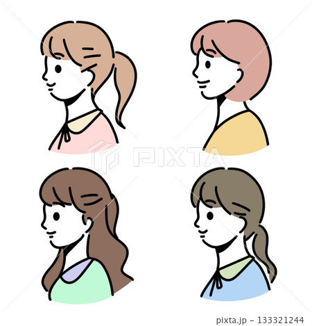 笑顔の女性の横顔イラストセット　 133321244