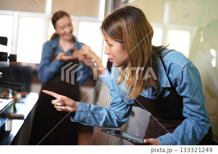 Group young woman people leaning and education workshop for classes barista coffee in cafe room.   133321249