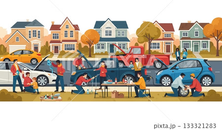 賑やかな街で車を囲む人々の助け合い 133321283