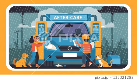 笑顔で頑張る！子供と犬と車の雨中アフターケア 133321288