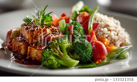 vibrant plate of tofu stir fry with broccoli, bell peppers, and cherry tomatoes, garnished with sesame seeds and herbs, served alongside portion of brown rice 133321358