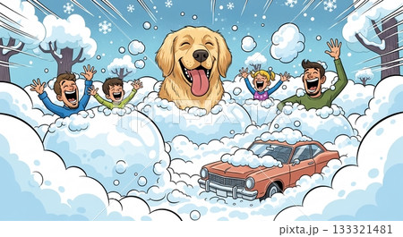 ゴールデンと家族の冬の喜び、雪の中の笑顔 133321481