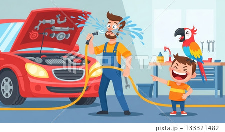 パパの洗車ハプニング！息子とオウムは大爆笑 133321482