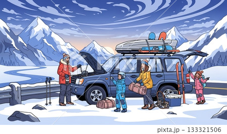 雪山で車のトラブル？スキー旅行中の家族のハプニング 133321506