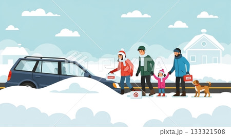 大雪で立ち往生！冬のドライブで遭難した家族 133321508