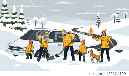 みんなで協力！雪に埋もれた車を掘り出す家族の奮闘 133321509