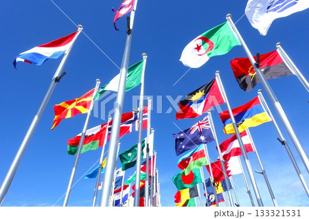 快晴の大空にはためく万国旗 133321531