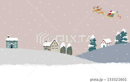雪が降る北欧の街並みとサンタクロースのクリスマスイメージのイラスト 133321601
