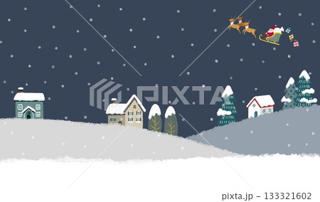 雪が降るクリスマスイブの夜にサンタクロースがソリで空を飛んでいるファンタジックなイラスト 133321602