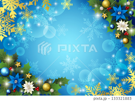 クリスマス背景、ボール、青、ポインセチア、柊、かわいい、イラスト、横 クリスマス背景、ボール、青、ポインセチア、柊、かわいい、イラスト、横 133321883